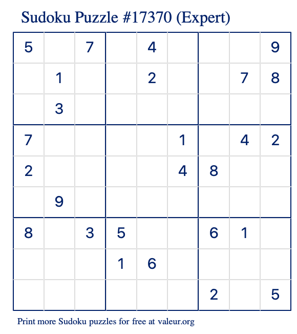 Free Printable Expert Sudoku Puzzle number 17370