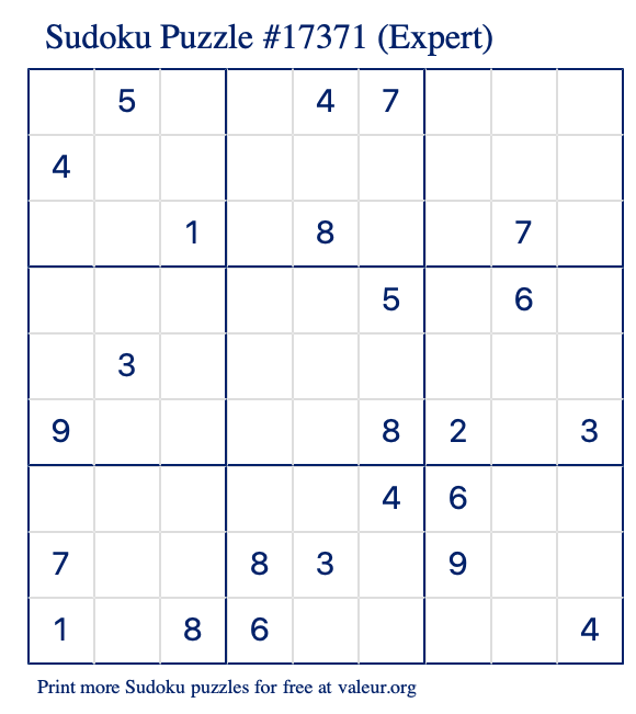 Free Printable Expert Sudoku Puzzle number 17371