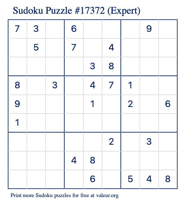 Free Printable Expert Sudoku Puzzle number 17372