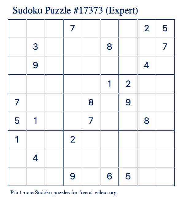 Free Printable Expert Sudoku Puzzle number 17373