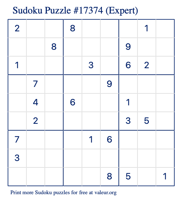 Free Printable Expert Sudoku Puzzle number 17374