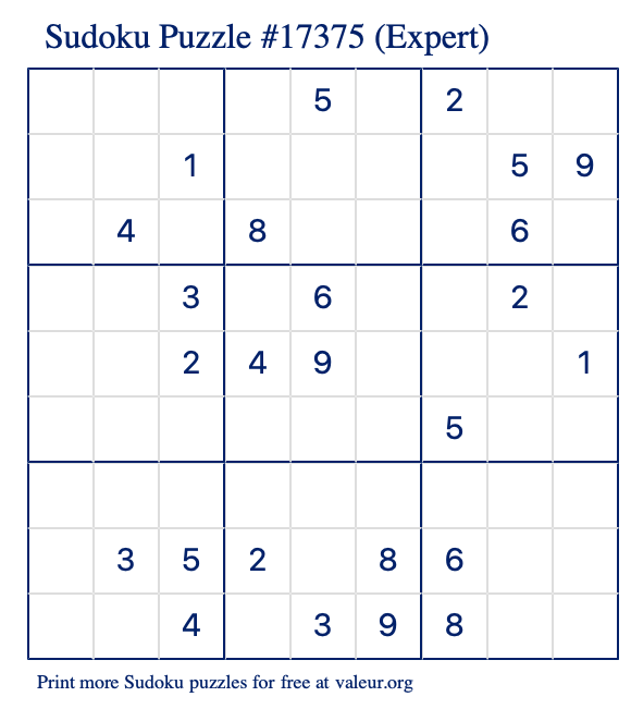 Free Printable Expert Sudoku Puzzle number 17375