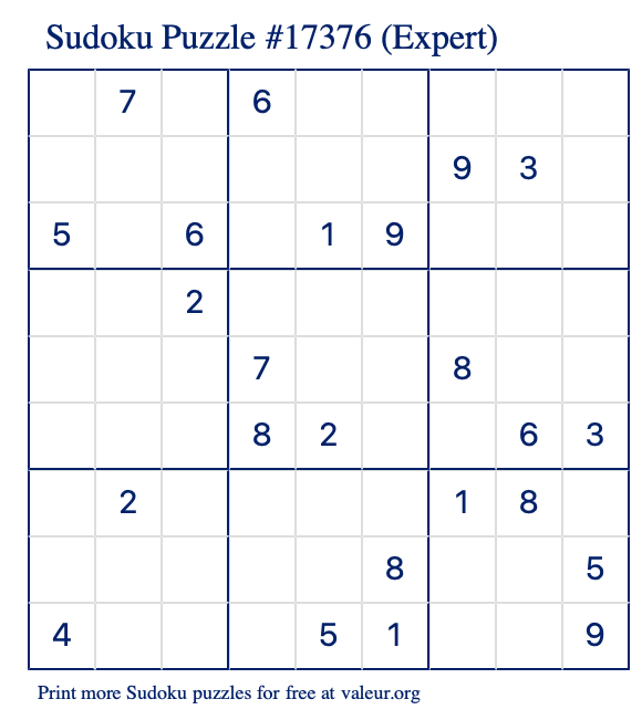 Free Printable Expert Sudoku Puzzle number 17376