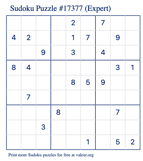 Free Printable Expert Sudoku Puzzle number 17377