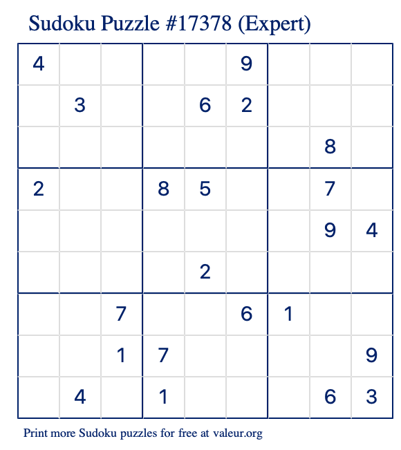 Free Printable Expert Sudoku Puzzle number 17378