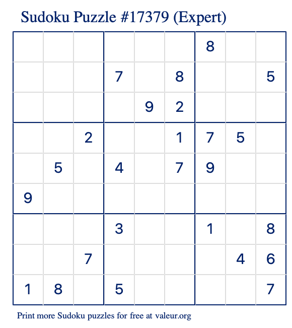 Free Printable Expert Sudoku Puzzle number 17379