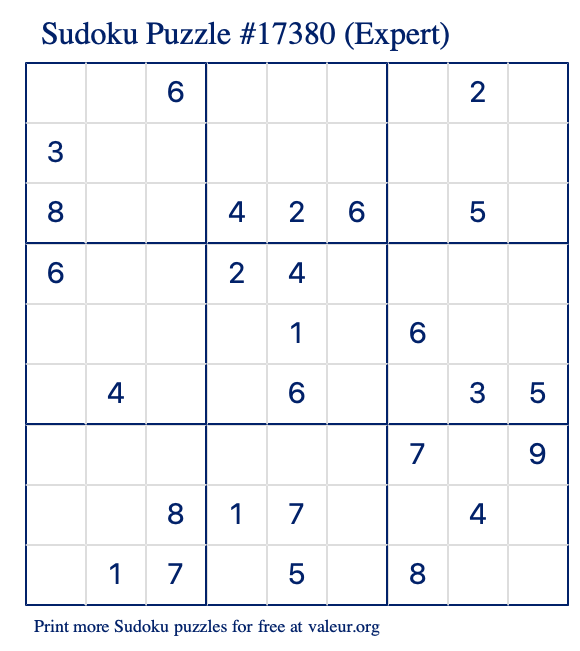 Free Printable Expert Sudoku Puzzle number 17380