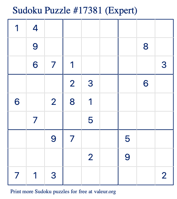 Free Printable Expert Sudoku Puzzle number 17381