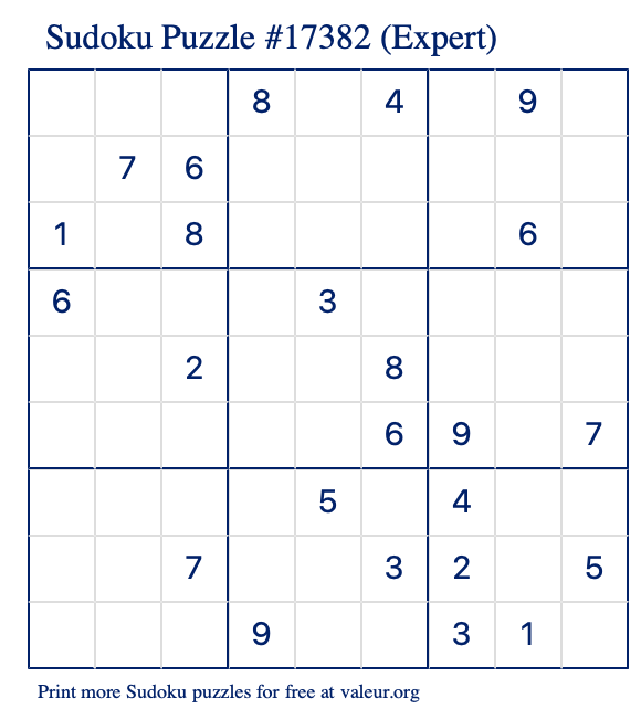 Free Printable Expert Sudoku Puzzle number 17382