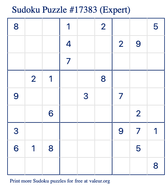 Free Printable Expert Sudoku Puzzle number 17383