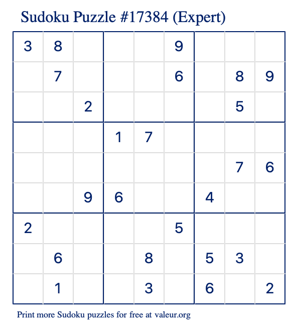 Free Printable Expert Sudoku Puzzle number 17384