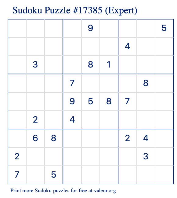 Free Printable Expert Sudoku Puzzle number 17385