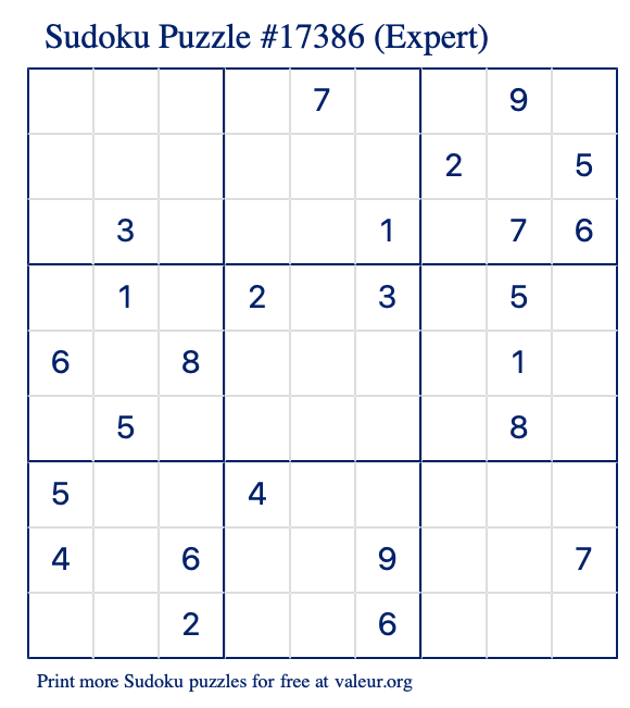 Free Printable Expert Sudoku Puzzle number 17386