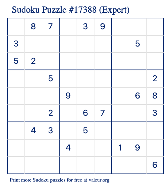 Free Printable Expert Sudoku Puzzle number 17388