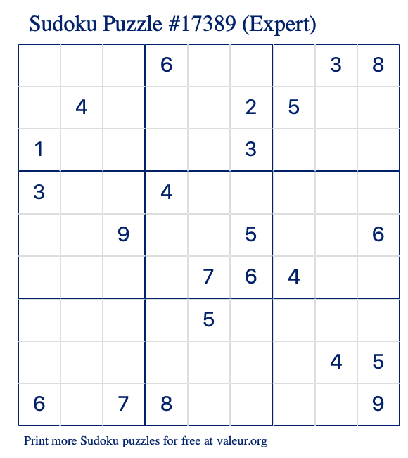 Free Printable Expert Sudoku Puzzle number 17389