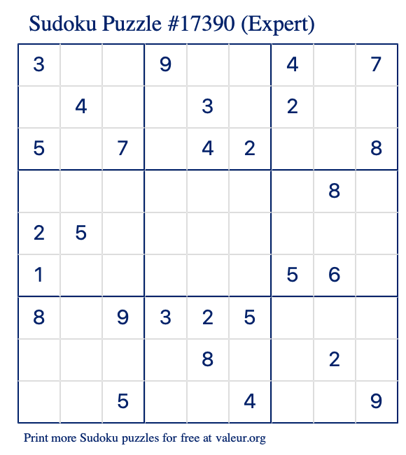 Free Printable Expert Sudoku Puzzle number 17390