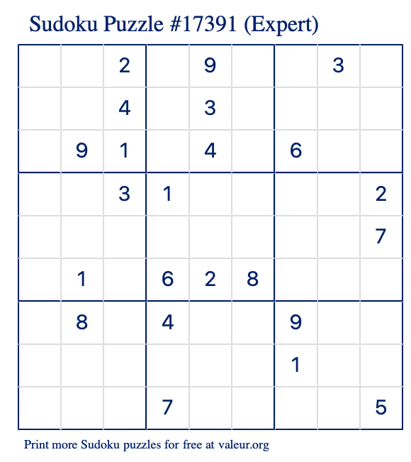 Free Printable Expert Sudoku Puzzle number 17391