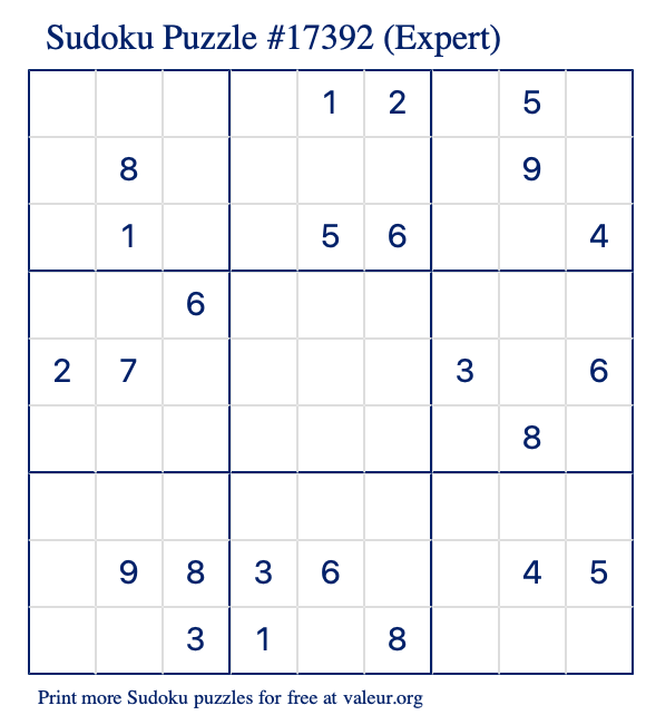 Free Printable Expert Sudoku Puzzle number 17392