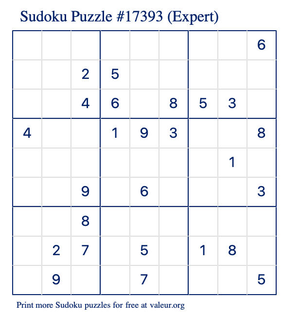 Free Printable Expert Sudoku Puzzle number 17393