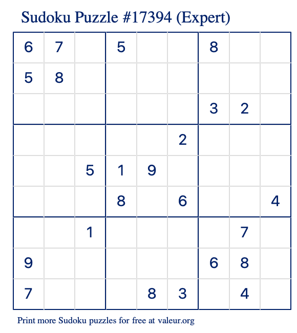 Free Printable Expert Sudoku Puzzle number 17394