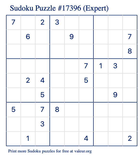 Free Printable Expert Sudoku Puzzle number 17396