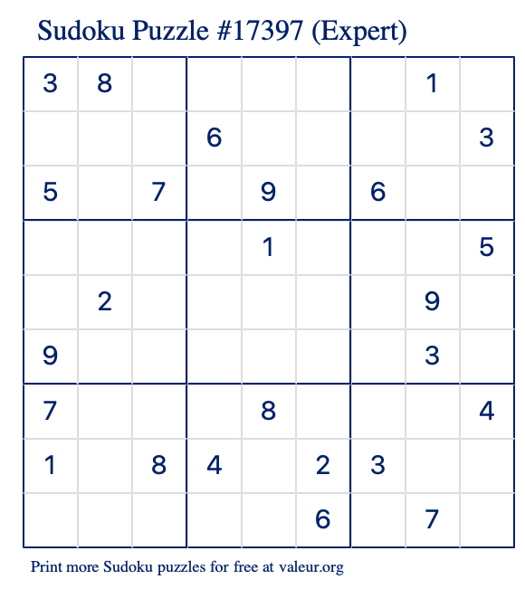 Free Printable Expert Sudoku Puzzle number 17397