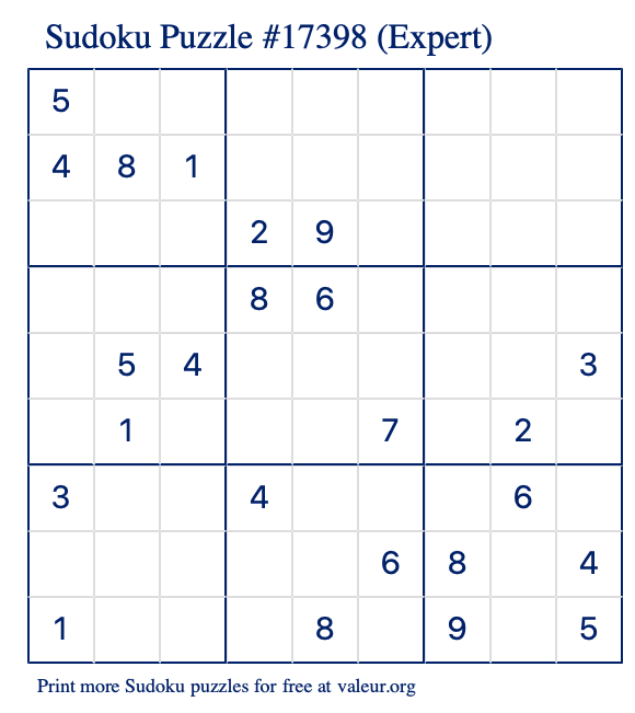 Free Printable Expert Sudoku Puzzle number 17398