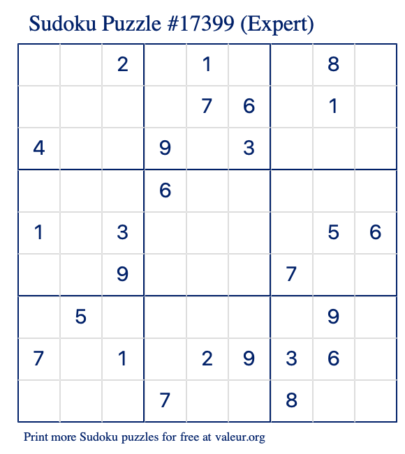 Free Printable Expert Sudoku Puzzle number 17399