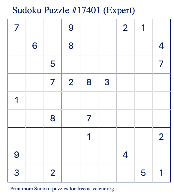 Free Printable Expert Sudoku Puzzle number 17401