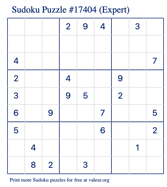 Free Printable Expert Sudoku Puzzle number 17404