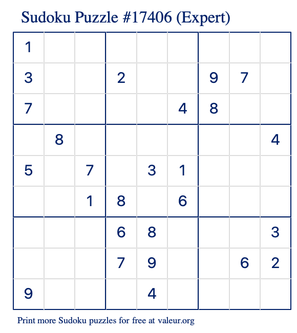 Free Printable Expert Sudoku Puzzle number 17406