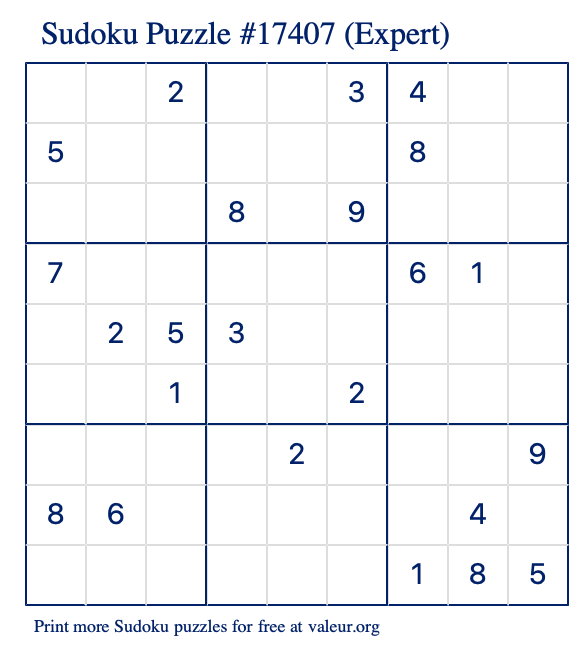 Free Printable Expert Sudoku Puzzle number 17407