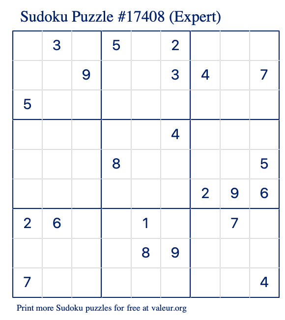 Free Printable Expert Sudoku Puzzle number 17408