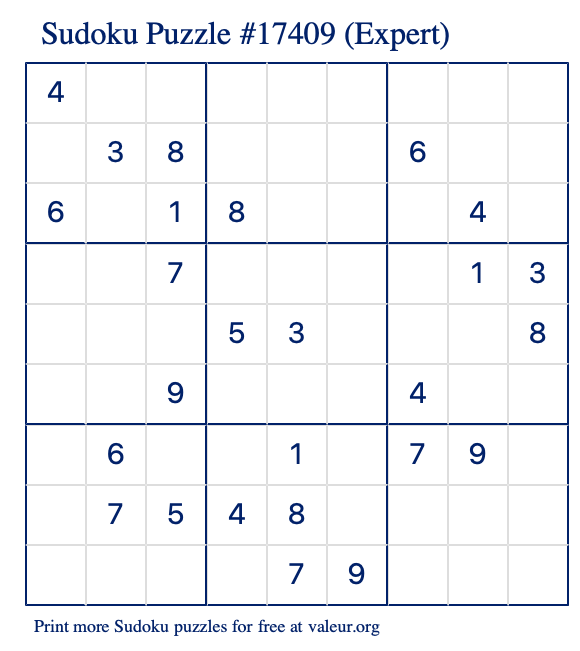 Free Printable Expert Sudoku Puzzle number 17409