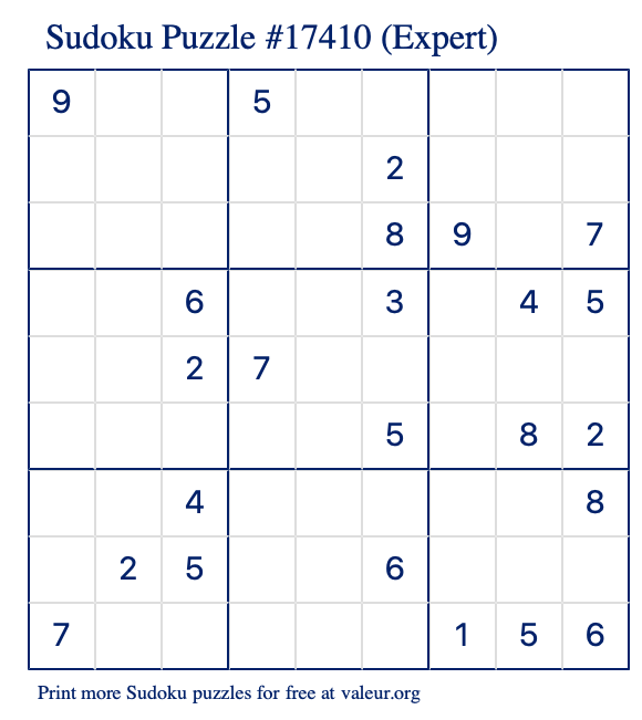 Free Printable Expert Sudoku Puzzle number 17410