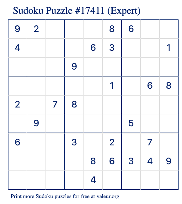 Free Printable Expert Sudoku Puzzle number 17411