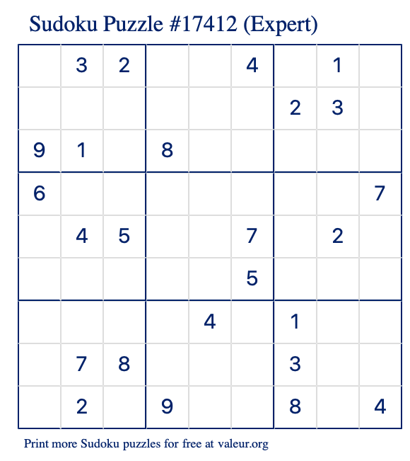 Free Printable Expert Sudoku Puzzle number 17412