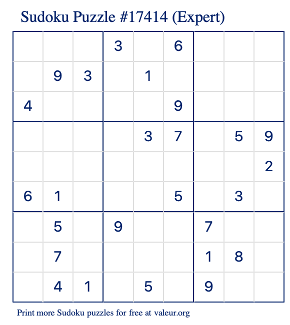 Free Printable Expert Sudoku Puzzle number 17414