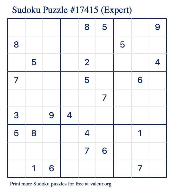 Free Printable Expert Sudoku Puzzle number 17415