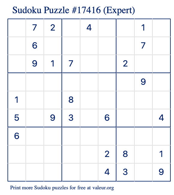 Free Printable Expert Sudoku Puzzle number 17416