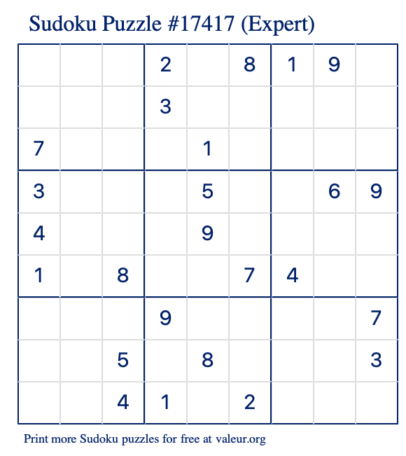 Free Printable Expert Sudoku Puzzle number 17417