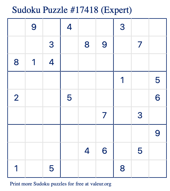 Free Printable Expert Sudoku Puzzle number 17418