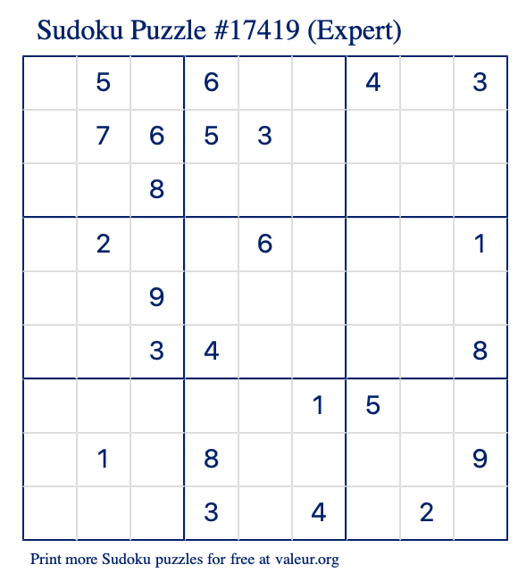 Free Printable Expert Sudoku Puzzle number 17419