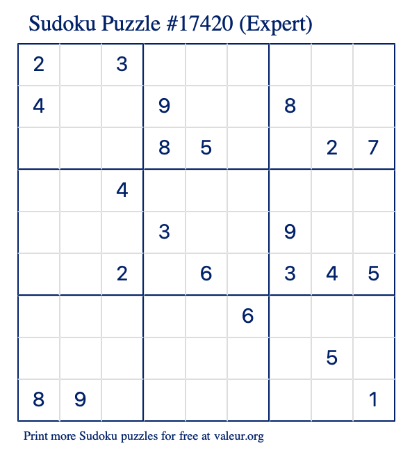 Free Printable Expert Sudoku Puzzle number 17420