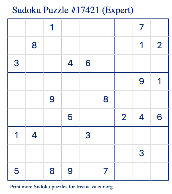 Free Printable Expert Sudoku Puzzle number 17421