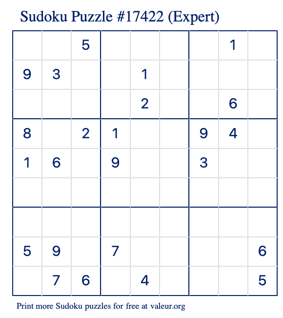 Free Printable Expert Sudoku Puzzle number 17422