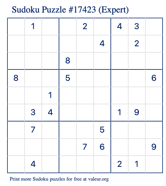 Free Printable Expert Sudoku Puzzle number 17423