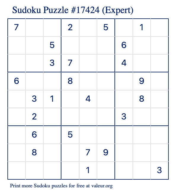 Free Printable Expert Sudoku Puzzle number 17424