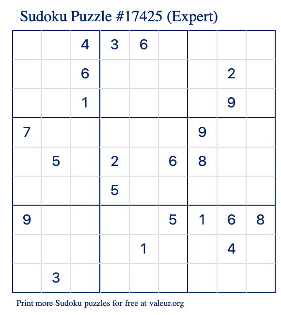 Free Printable Expert Sudoku Puzzle number 17425