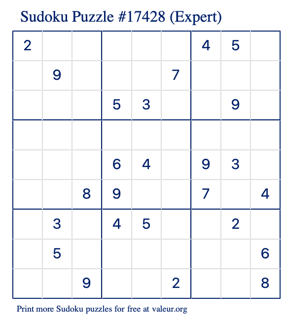 Free Printable Expert Sudoku Puzzle number 17428